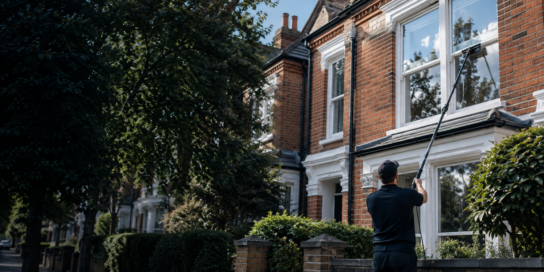 A window cleaner using a water-fed pole on a London home
